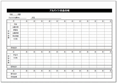 アルバイト賃金台帳のテンプレート