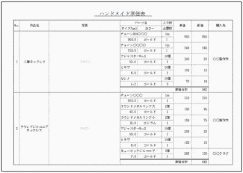 Excelで作成したハンドメイド原価表