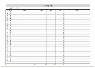 Excelで作成した小遣い帳