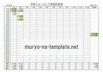 年間ウォーキング管理記録表のテンプレート